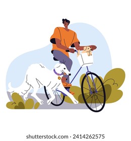 El propietario camina perro, lleva un cachorro lindo en la cesta de bicicletas. El ciclista pasea a sus mascotas durante el paseo en bicicleta. El ciclismo de afición a la pornografía con animales domésticos. Ilustración vectorial aislada plana sobre fondo blanco