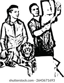 Owner woman with her dog having conversation with vet man and together looking on spine dog x-ray