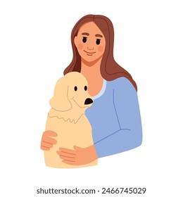 Owner Woman Hug Her Dog Retriever. Concept Companion Animals. Flat Cartoon Vector Illustration.