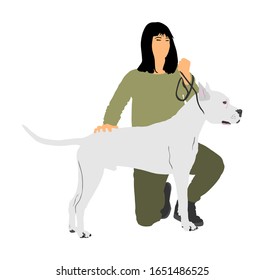 Owner woman keeps dog on the leash. American Staffordshire champion dog vector illustration. Bull terrier. Lady on dog show exhibition. Stafford Pet friendly. Girl with Pit bull terrier posing.