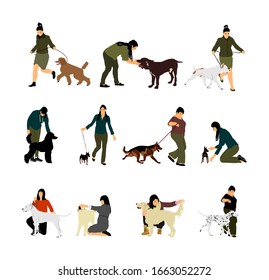 Owner woman keeps dog on the leash by running, champion dog vector show exhibition. Pet friendly. German Shepard, French Poodle, Dalmatian, Labrador, American Staffordshire terrier, Pincher, Mastiff