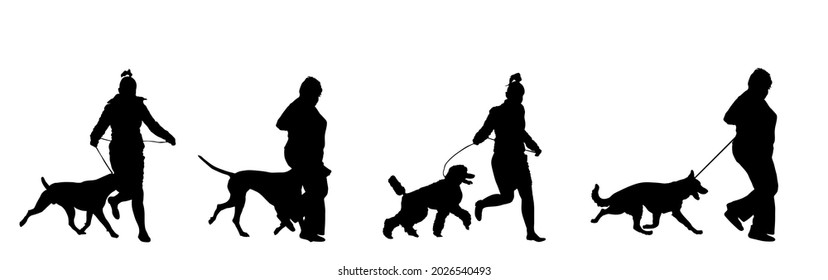 Owner Woman Keeps Dog On The Leash By Running, Champion Dog Vector Silhouette, Show Exhibition. Pet Friendly. German Shepard, French Poodle, Dalmatian, American Staffordshire Terrier. Stafford Bull.