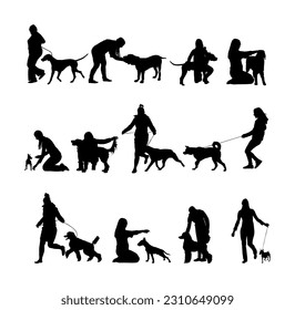 Owner woman keeps dog on leash vector silhouette illustration isolated. Champion dog show exhibition. Pet friendly. French Poodle, Dalmatian, Staffordshire terrier. Stafford bull. Husky, setter. svg