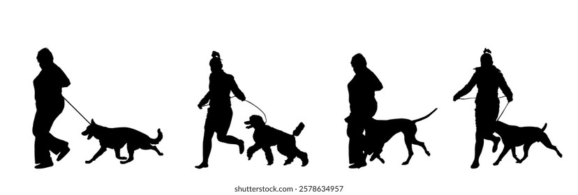 Owner woman keeps dog on the leash by running, champion dog vector silhouette, show exhibition. Pet friendly. German Shepard, French Poodle, Dalmatian, American Staffordshire terrier. Stafford bull.