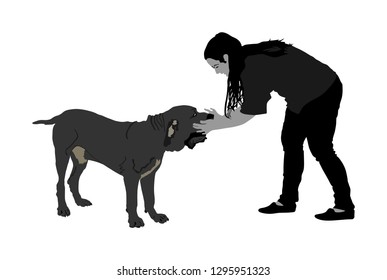 Owner woman keeps English Mastiff dog. Girl cuddle and cheesy Naples mastiff champion dog on stage vector isolated. Dog show exhibition. Relax time after work with pet. Best friend. Alert guard.