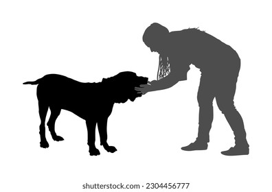 Owner woman keeps English Mastiff dog vector silhouette illustration isolated. Girl cuddle and cheesy Naples mastiff champion dog. Dog show exhibition. Relax time with pet. Best friend. Alert guard.
