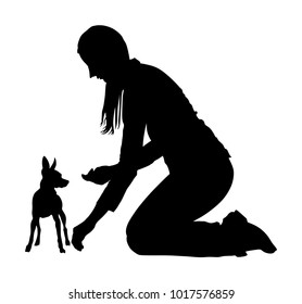 Owner Woman Trainer Keeps Miniature Pincher Dog. Girl Dresser With Manchester Terrier Champion Dog On The Stage Vector Illustration. Dog Show Exhibition. Small Pincher Silhouette. Girl And Pet Puppy.