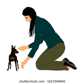 Owner woman trainer keeps miniature Pincher dog vector illustration. Girl dresser with Manchester terrier champion dog on the stage. Dog show exhibition. Small Pincher breed. Girl and pet puppy.