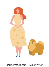 Owner-like dog isolated on a white background for design. Flat vector stock illustration or graphic with Pomeranian spitz or dog and girl owner