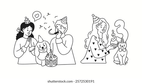 Owners celebrating pets birthdays linear icons collection. Happy people on animals holidays doodle characters set on white background