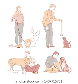Owners and dogs or cat walking on leash people with pets in park vector spitz and kitten akita and spaniel animals women and men playing with bow on thread petting and hugging or sitting on ground.