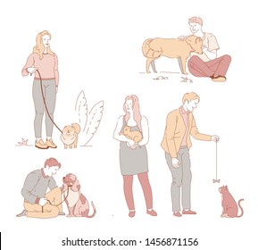 Owners and dogs or cat walking on leash people with pets in park vector spitz and kittens akita and spaniel animals women and men, playing with bow on thread petting and hugging or holding mammal