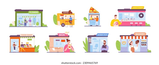 Owners family business. Diverse small entreprise for customer leisure, couple restaurant italian pizza meal grocery store coffee shop chef bakery vector illustration of family bakery and barber shop