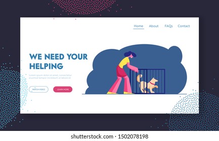 Owners Friendship and Mammal Safety Help Website Landing Page. Woman Adopting Pet from Animal Shelter or Adoption Center for Stray and Homeless Dogs Web Page Banner. Cartoon Flat Vector Illustration