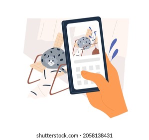 Owner's hand with smartphone taking picture of cute cat and posting it in social media. Mobile phone with pet's network app on device screen. Flat vector illustration isolated on white background.