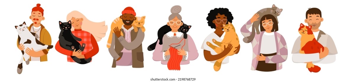 Owners holding cats set cartoon isolated portraits of happy young and old characters hold and hug cute domestic animals, man and woman carrying little kitty on shoulders