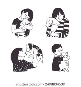 The owners hug their pets. Woman loves a dog, children love a puppy. Black and white vector illustration authors work