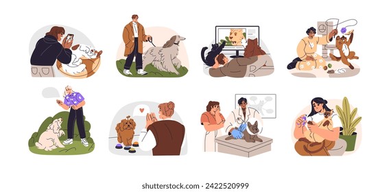 Owners love their pets set. People take photos, trim claws, play with cute cats. Characters walk, training, watch tv with fluffy dogs. Puppy in vet clinic. Flat isolated vector illustration on white