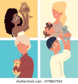 owners and pets portrait cartoon