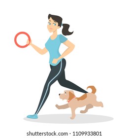 Owners with pets. Woman running with dog.