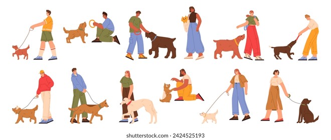 Owners playing with pets, people walking dogs. Vector isolated flat cartoon characters, men and women strolling with doggy on leash, asking to give paw or throw toys, weekends leisure time