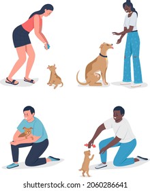 Owners playinh with pets semi flat color vector character set. Full body people on white. Adoption isolated modern cartoon style illustration for graphic design and animation collection