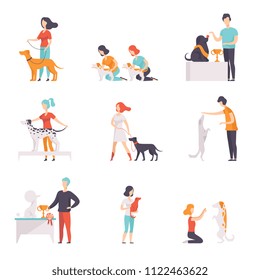 Owners presenting their purebred dogs at pet how exhibition set vector Illustrations on a white background