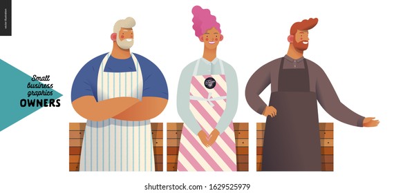 Owners -small business owners graphics. Modern flat vector concept illustrations - young bearded man wearing white apron, young woman, striped apron, young red-haireded man, standing at wooden counter