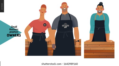 Owners -small business owners graphics. Modern flat vector concept illustrations - young woman and man wearing black aprons, young long-haired man, standing at the wooden counter