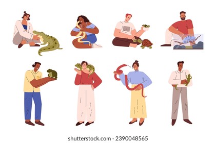 Owners take care of their exotic pets reptiles. Persons holds green big frog and guana, feeds the turtle, petting a crocodile and snakes. Colorful flat vector amphibian animals with people set