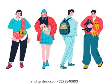 Owners with their pets isolated on a white background. Set of characters holding their dogs, cats, goldfish in hands. Vector flat illustration