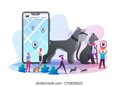 Owners Use Gps Control Trackers for their Pets. Tiny Male and Female Characters at Huge Smartphone with City Map and Navigation Pins Show Domestic Animals Move. Cartoon People Vector Illustration