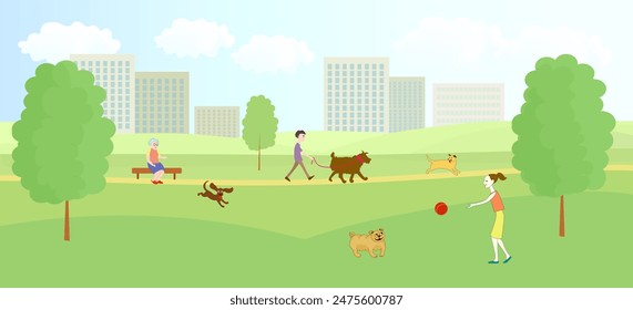 Owners walk their dogs in the park. Multi-storey buildings in the distance. Vector color image.
