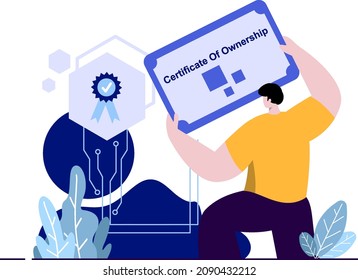 Certiﬁcate Of Ownership flat Illustration NFT Non Fungible Token concept blue, yellow, green color, Hand Drawn style , perfect for ui ux design, stationery, branding projects, logo, social media post