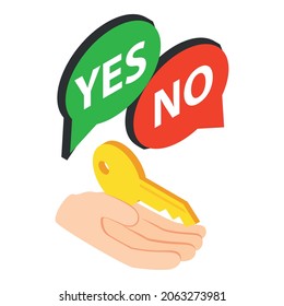 Ownership insurance icon isometric vector. Human hand holding key, message bubble. Property insurance, protection concept