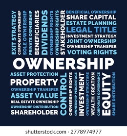 Ownership Word Cloud. Square Navy Ownership Rights Legal Title and Estate Planning Concept on Dark Blue