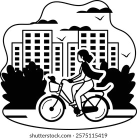 Ownertrainer strolls his pet during ride vector design, Pet foster hotel Symbol, kennel animals Sign, Human-animal interaction scene illustration, girl riding a bike with her dog in the basket concept