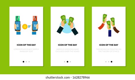 Owning money flat vector icon set. Transfer, online, hand, holding isolated sign pack. Money and finance concept. Vector illustration symbol elements for web design and apps.
