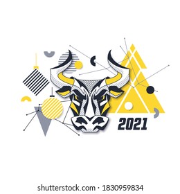 Ox 2021 design of Asian calendar and Chinese zodiac vector illustration. Creative Christmas or New Year greeting card with bull. 