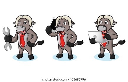 Ox Black Mascot with laptop, phone and tools