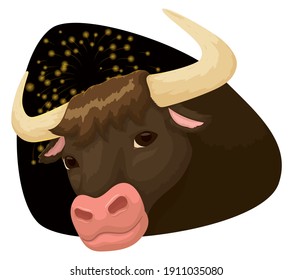 Ox with brown hide over sign, enjoying a fireworks display in a special night.
