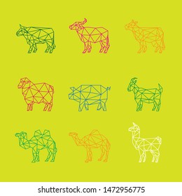 OX BUFFALO COW SHEEP PIG GOAT CAMEL LLAMA FARM ANIMAL LINE LOW POLY LOGO ICON SYMBOL SET. TRIANGLE GEOMETRIC POLYGON