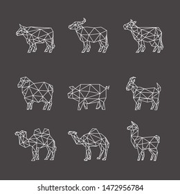 OX BUFFALO COW SHEEP PIG GOAT CAMEL LLAMA FARM ANIMAL LINE LOW POLY LOGO ICON SYMBOL SET. TRIANGLE GEOMETRIC POLYGON