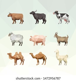 OX BUFFALO COW SHEEP PIG GOAT CAMEL LLAMA FARM ANIMAL LOW POLY LOGO ICON SYMBOL SET. TRIANGLE GEOMETRIC POLYGON