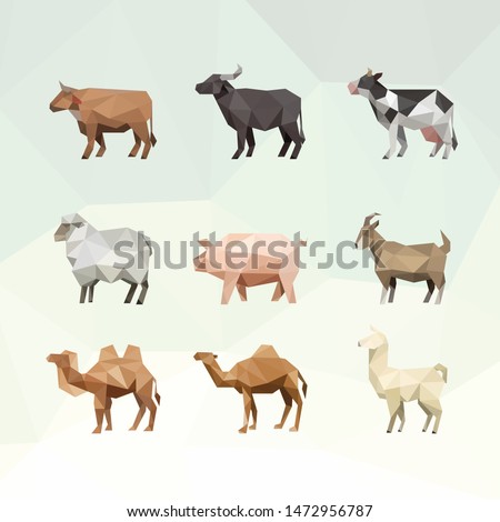 OX BUFFALO COW SHEEP PIG GOAT CAMEL LLAMA FARM ANIMAL LOW POLY LOGO ICON SYMBOL SET. TRIANGLE GEOMETRIC POLYGON