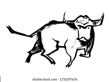 Ox, bull, cow on white background. Chinese happy new year 2021. Year of the white, metallic bull. Lunar New Year. Drawing bull, ox, cowhide ink