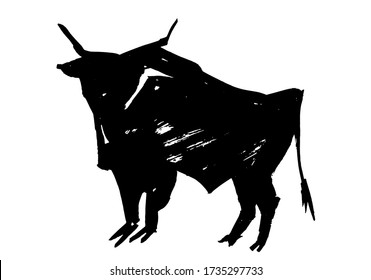 Ox, bull, cow on white background. Chinese happy new year 2021. Year of the white, metallic bull. Lunar New Year. Drawing bull, ox, cowhide ink