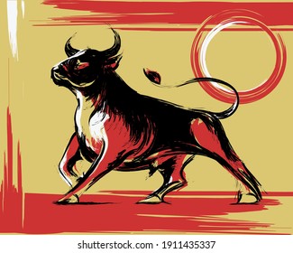 Ox bull or cow paint brush illustration on white background. Horoscope sign of taurus. Chinese Happy new year 2021. Year of the ox