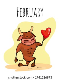 A ox, bull fun cartoon holds a heart in his hand, Valentine's Day greeting card, calendar. Ox ,bull, cow symbol of the 2021 new year.