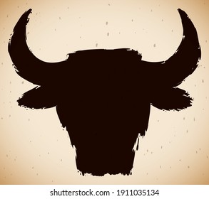 Ox or bull head in dark brush strokes over ancient scroll.